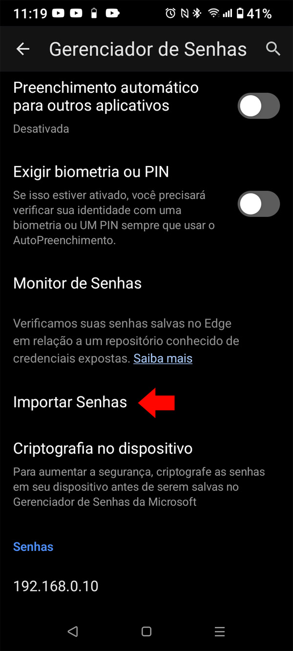 Importação de senhas no Edge