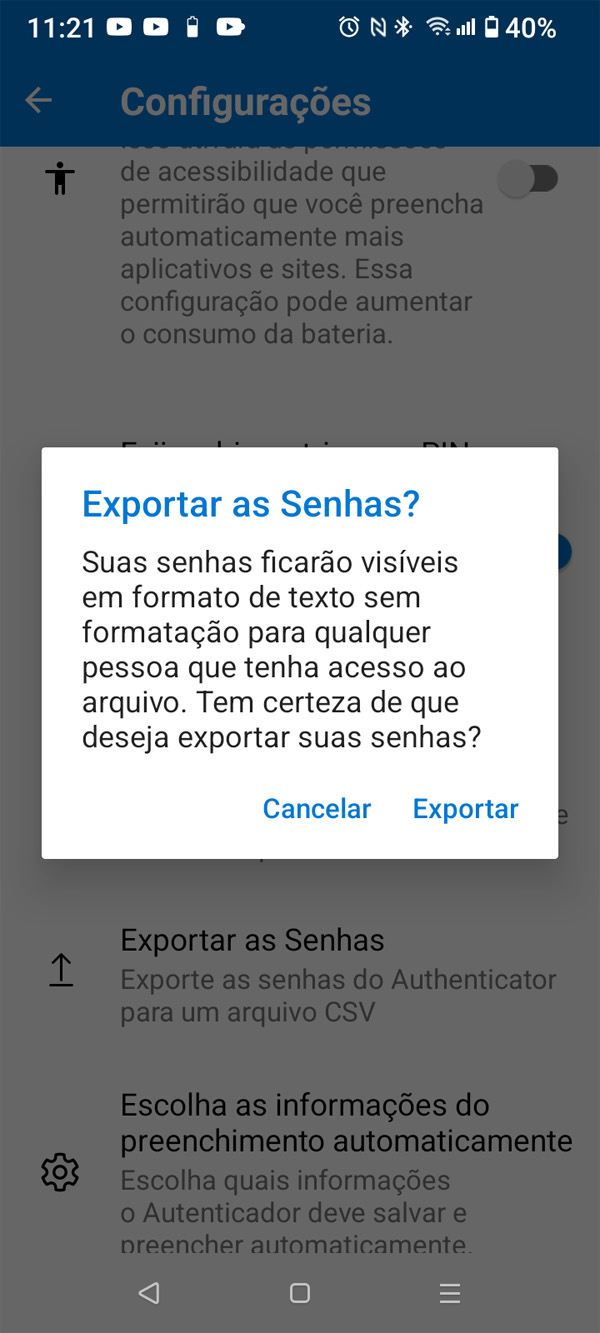Exportação para CSV no Authenticator