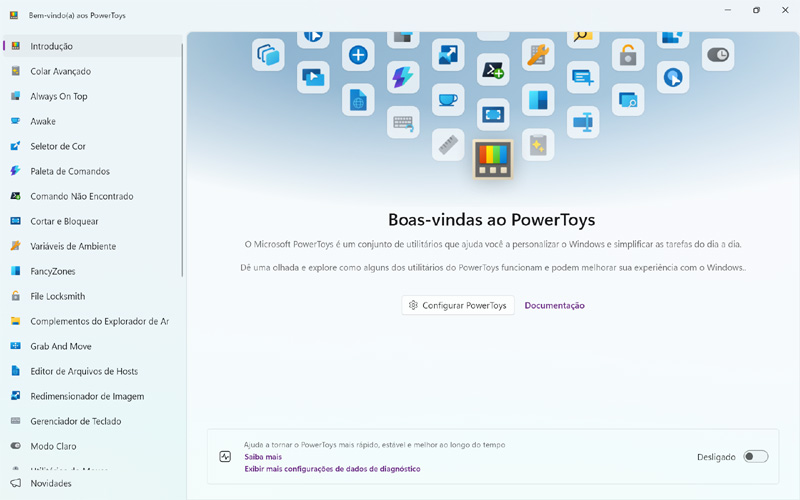 Tela inicial do PowerToys