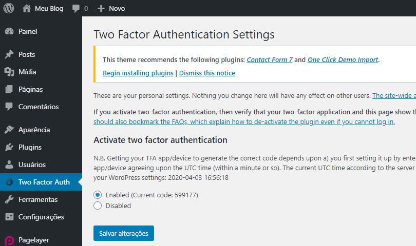 Ativação do Two Factor Authentication