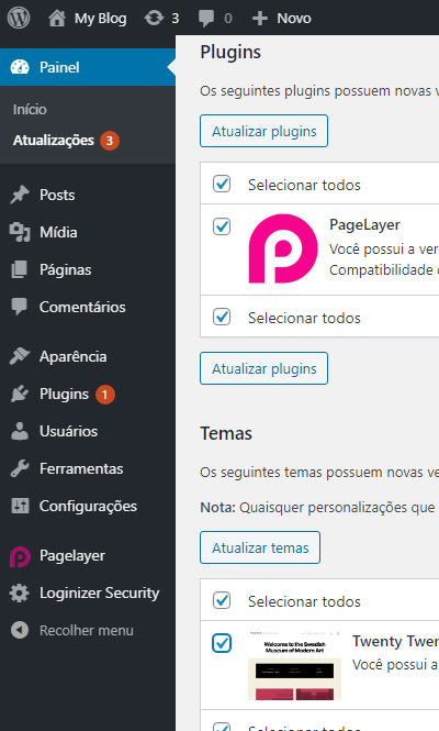 Selecionando plugins para atualização no WordPress