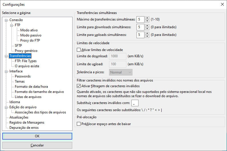 Configurações de transferências no Filezilla