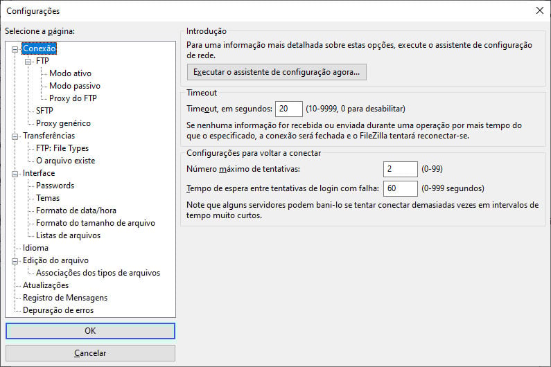 Configurações de conexão no Filezilla