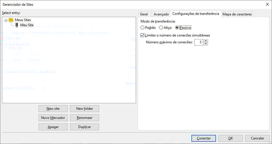 Configurações de transferência no Filezilla