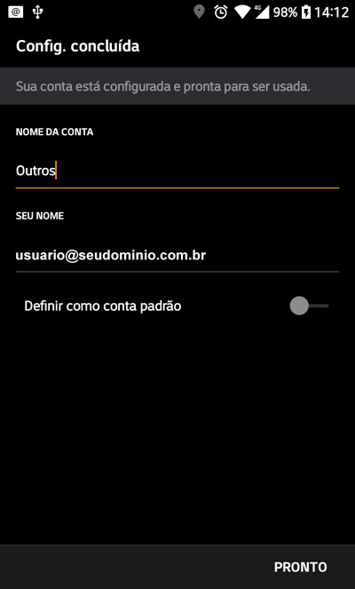 Configuração de e-mail concluída Android