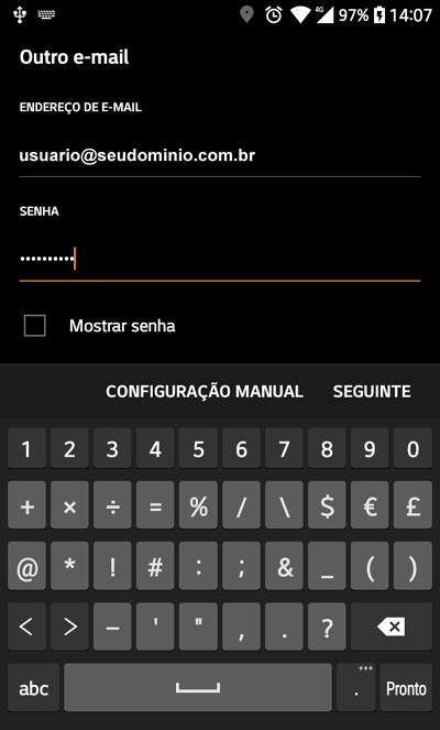 Dados da conta de e-mail Android