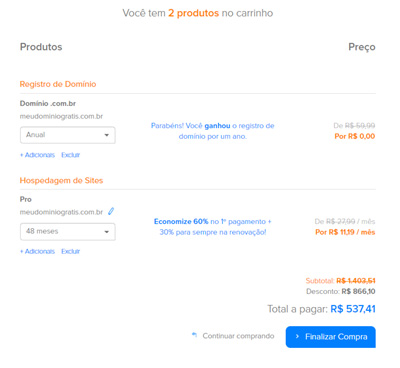Domínio grátis no carrinho