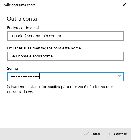 Informação do endereço de e-mail no Windows Email
