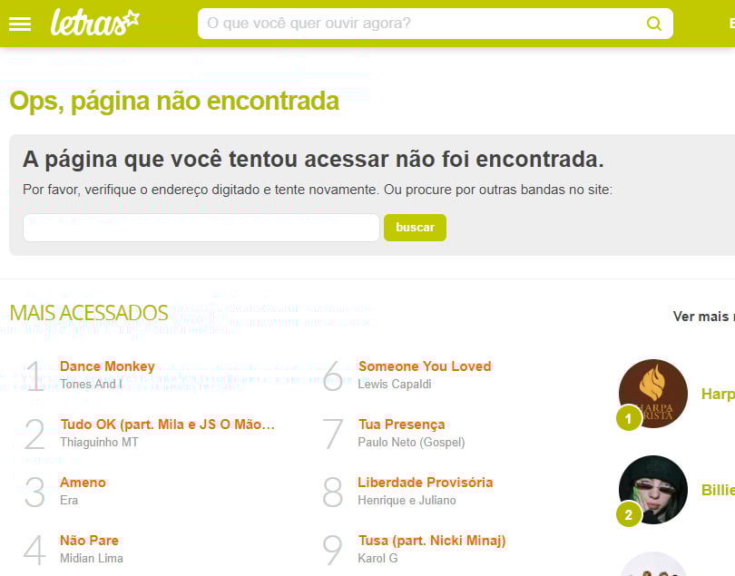 Página de erro 404 do Letras