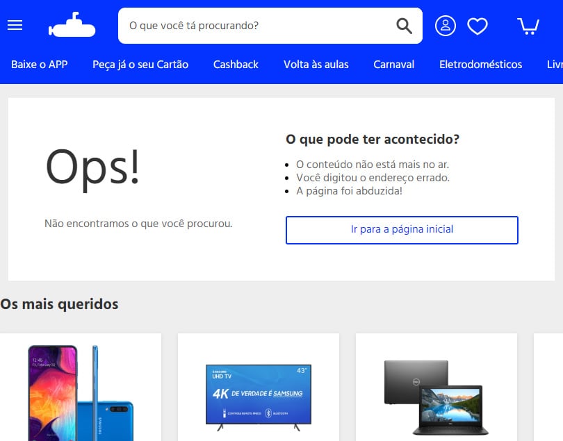 Página de erro 404 do Submarino