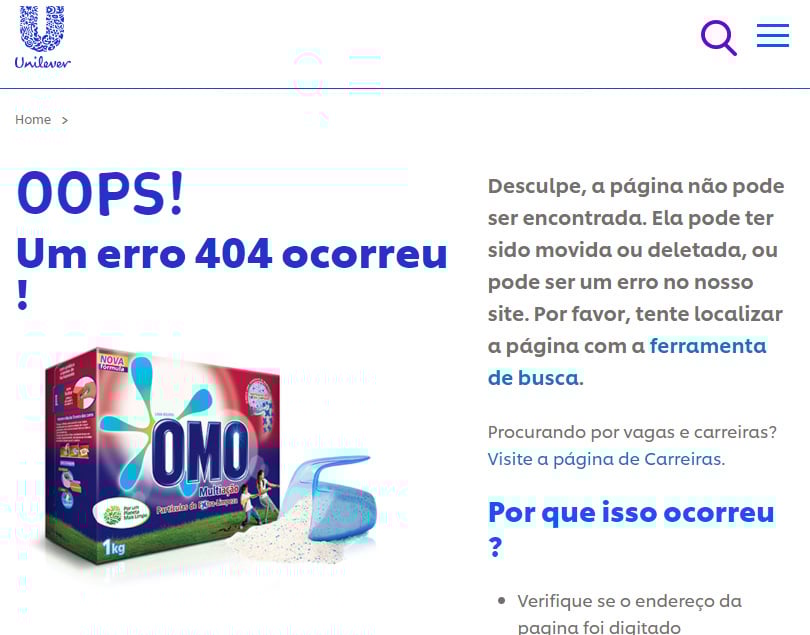 Página de erro 404 da Unilever