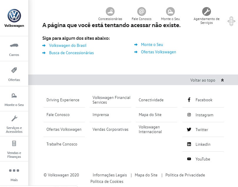 Página de erro 404 da Volkswagen