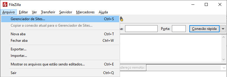 Gerenciador de sites no Filezilla