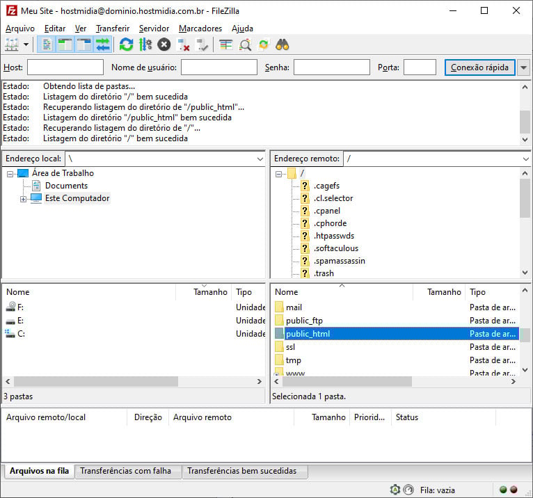 Janela de transferência de arquivos no Filezilla