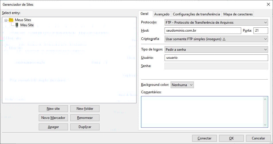 Meu site no Filezilla