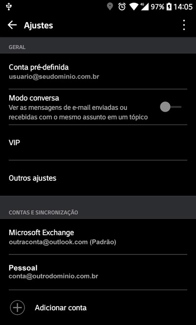 Nova conta de e-mail Android