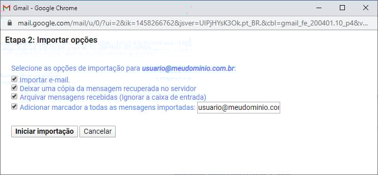 Gmail - Opções de importação POP