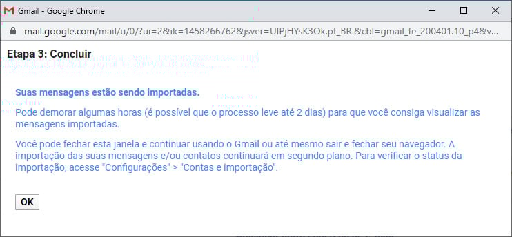 Gmail - Concluir importação de outra conta