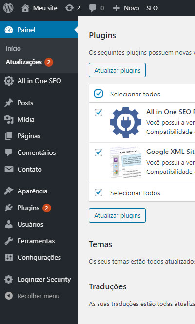 Seleção de plugins para atualização no WordPress