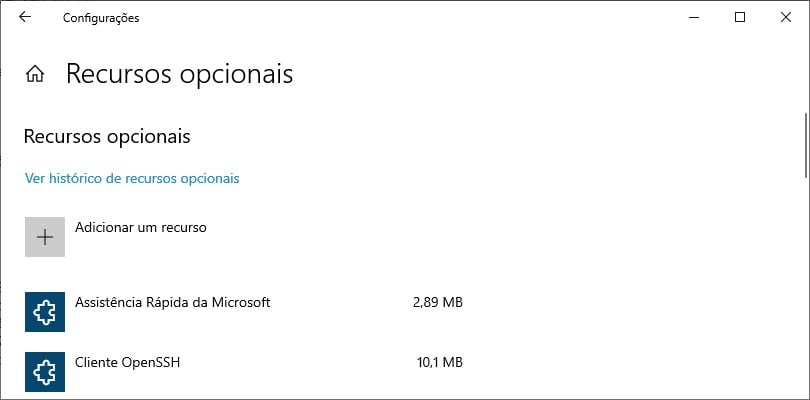 Recursos opcionais do Windows 10