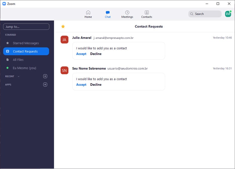 Requisição de contato Zoom
